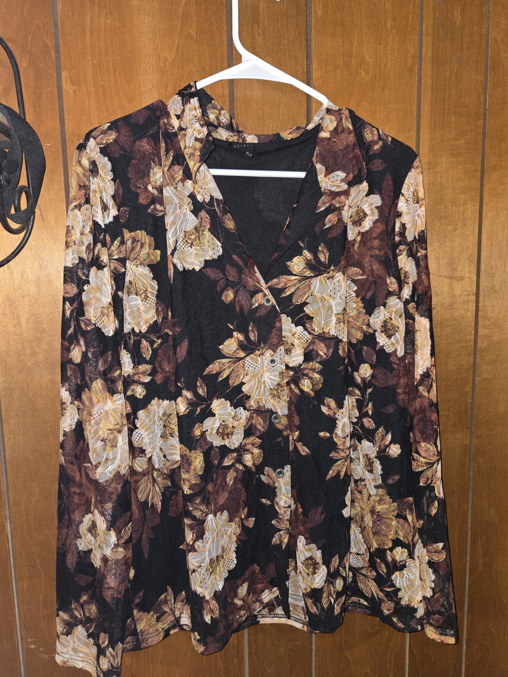 Jane and Delancey Black Floral Button-Down Top with Brown Accents